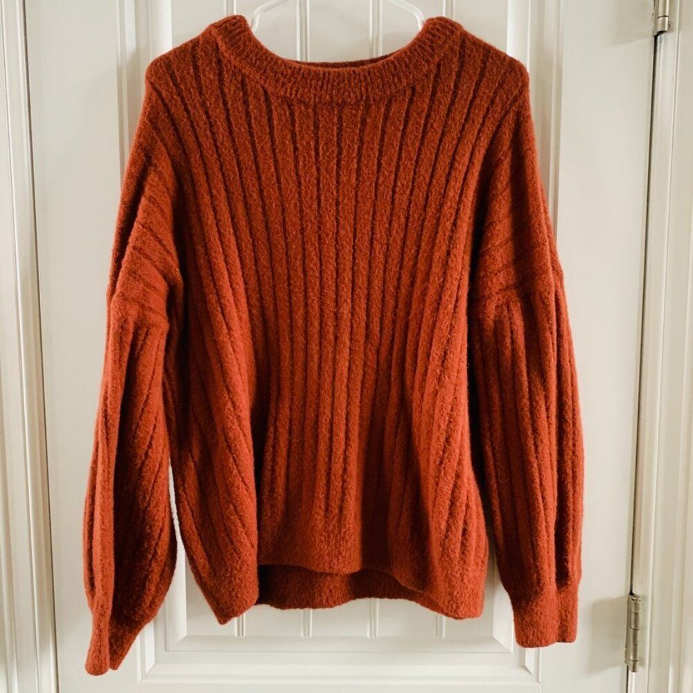 SO Womens Orange Cozy Fuzzy Ribbed Knit Oversized Crewneck Sweater | Medium